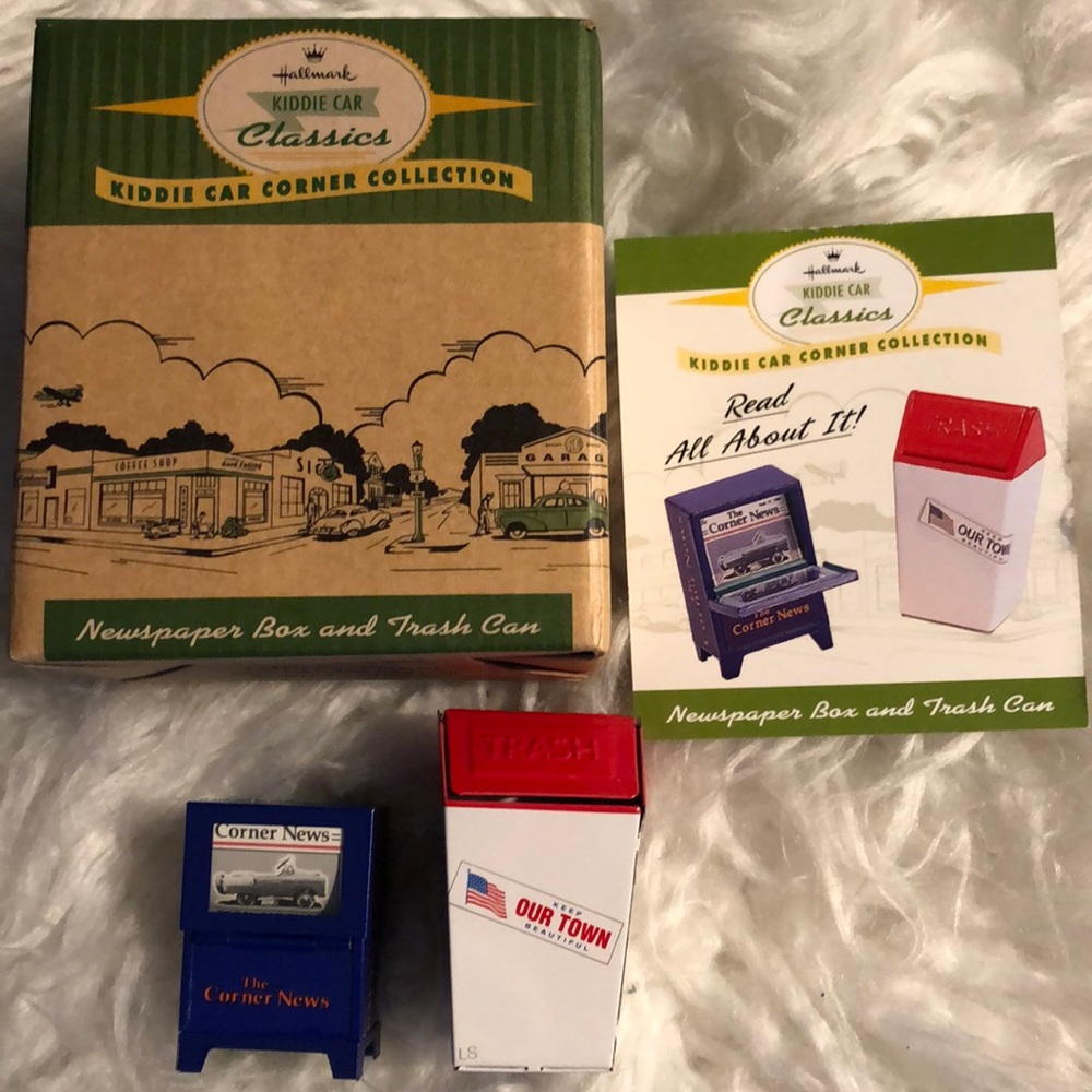 Hallmark kiddie car newspaper box and trash can